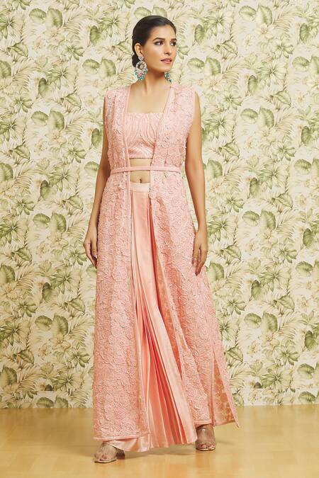 Buy Mishru Peach Chanderi, Organza, Satin Sequins, 3d Floral Dense Jacket Draped Skirt Set Online at Aza Fashions Buy_Mishru_Peach Chanderi, Organza, Satin Sequins, 3d Floral Dense Jacket Draped Skirt Set _Online_at_Aza_Fashions