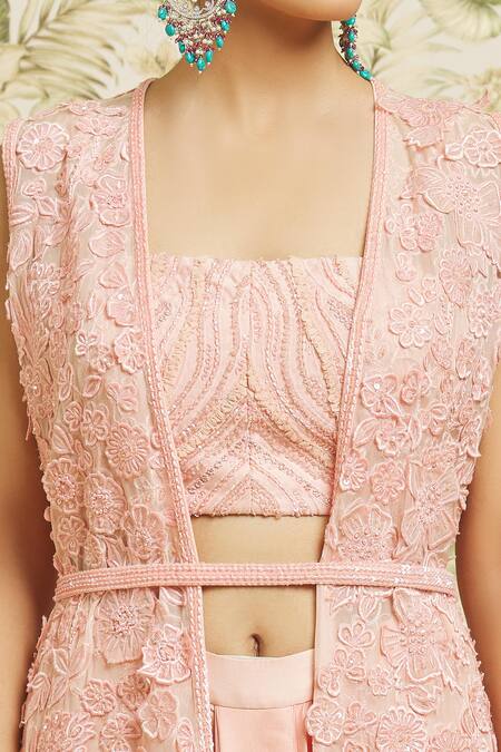 Shop Mishru Peach Chanderi, Organza, Satin Sequins, 3d Floral Dense Jacket Draped Skirt Set Online at Aza Fashions Shop_Mishru_Peach Chanderi, Organza, Satin Sequins, 3d Floral Dense Jacket Draped Skirt Set _Online_at_Aza_Fashions