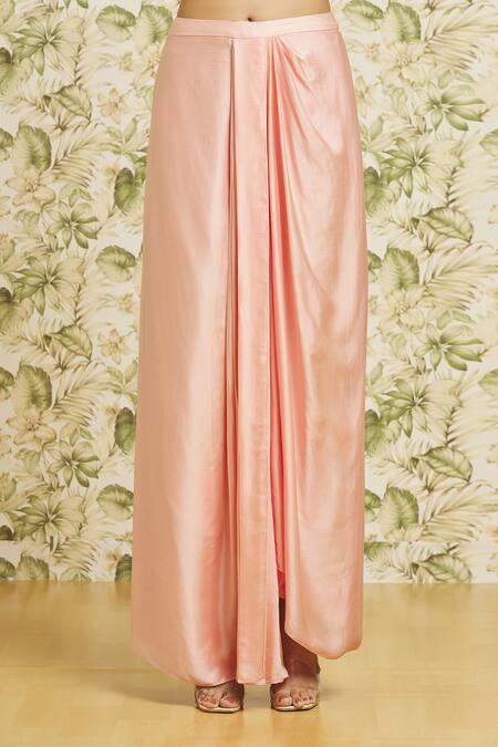 Mishru Peach Chanderi, Organza, Satin Sequins, 3d Floral Dense Jacket Draped Skirt Set at Aza Fashions Mishru_Peach Chanderi, Organza, Satin Sequins, 3d Floral Dense Jacket Draped Skirt Set _at_Aza_Fashions
