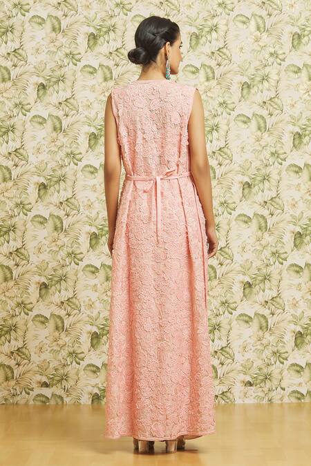 Shop Mishru Peach Chanderi, Organza, Satin Sequins, 3d Floral Dense Jacket Draped Skirt Set at Aza Fashions Shop_Mishru_Peach Chanderi, Organza, Satin Sequins, 3d Floral Dense Jacket Draped Skirt Set _at_Aza_Fashions