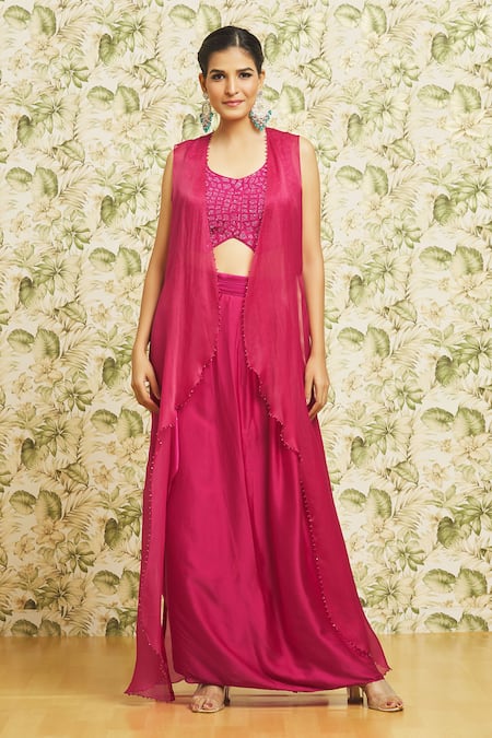 Mishru Fuchsia Jacket Organza Embroidery Sleeveless Draped Skirt Set  