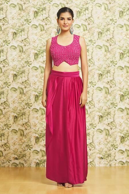Mishru_Fuchsia Chanderi, Organza, Satin Crystals, Sequins Round Embroidered Skirt Set _Online_at_Aza_Fashions