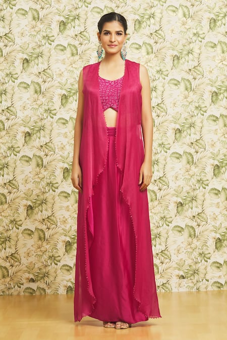 Buy_Mishru_Fuchsia Chanderi, Organza, Satin Crystals, Sequins Round Embroidered Skirt Set _Online_at_Aza_Fashions