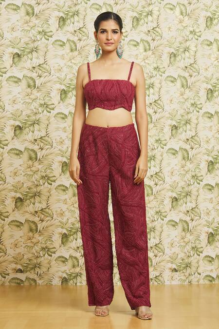 Mishru_Red Chanderi, Organza Sequins, Line Embroidered Blouse Pant Set With Jacket_Online_at_Aza_Fashions