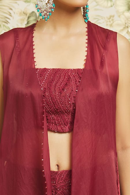 Shop_Mishru_Red Chanderi, Organza Sequins, Line Embroidered Blouse Pant Set With Jacket_Online_at_Aza_Fashions