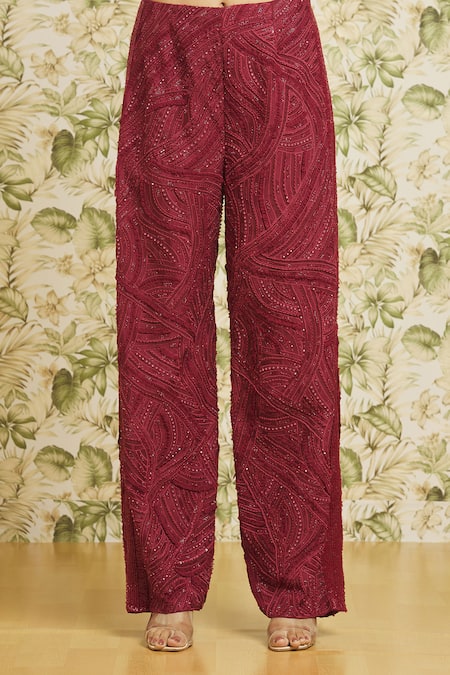 Mishru_Red Chanderi, Organza Sequins, Line Embroidered Blouse Pant Set With Jacket_at_Aza_Fashions