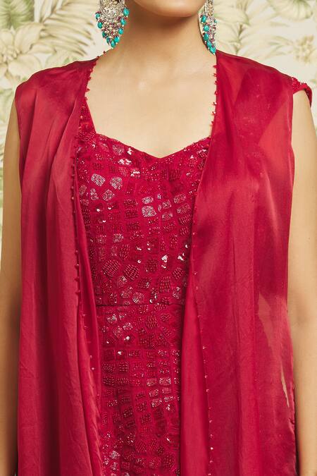 Mishru Red Organza Embroidery Sequin Dress Notched With Jacket Online at Aza Fashions Mishru_Red Organza Embroidery Sequin Dress Notched With Jacket _Online_at_Aza_Fashions