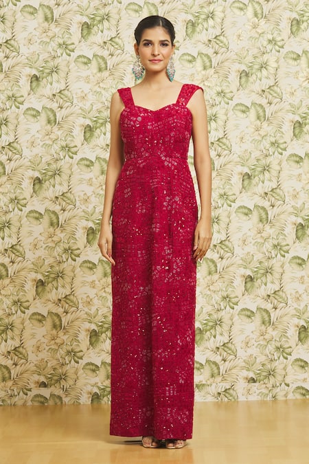 Buy Mishru Red Organza Embroidery Sequin Dress Notched With Jacket Online at Aza Fashions Buy_Mishru_Red Organza Embroidery Sequin Dress Notched With Jacket _Online_at_Aza_Fashions