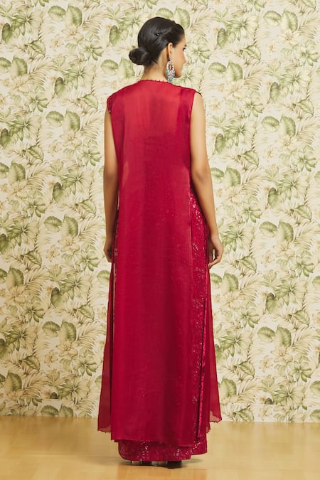 Shop Mishru Red Organza Embroidery Sequin Dress Notched With Jacket at Aza Fashions Shop_Mishru_Red Organza Embroidery Sequin Dress Notched With Jacket _at_Aza_Fashions