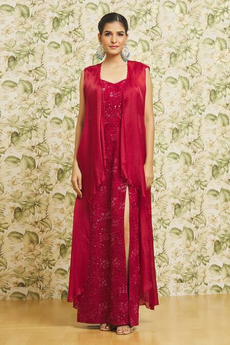 Shop Mishru Red Organza Embroidery Sequin Dress Notched With Jacket Online at Aza Fashions Shop_Mishru_Red Organza Embroidery Sequin Dress Notched With Jacket _Online_at_Aza_Fashions