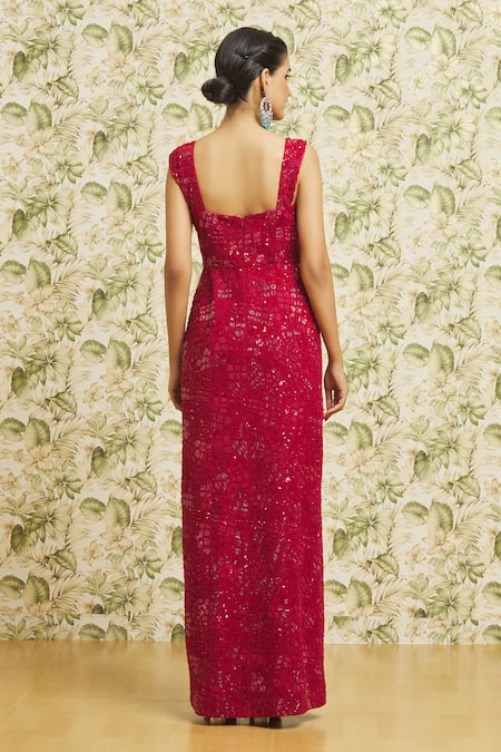 Mishru Red Organza Embroidery Sequin Dress Notched With Jacket at Aza Fashions Mishru_Red Organza Embroidery Sequin Dress Notched With Jacket _at_Aza_Fashions