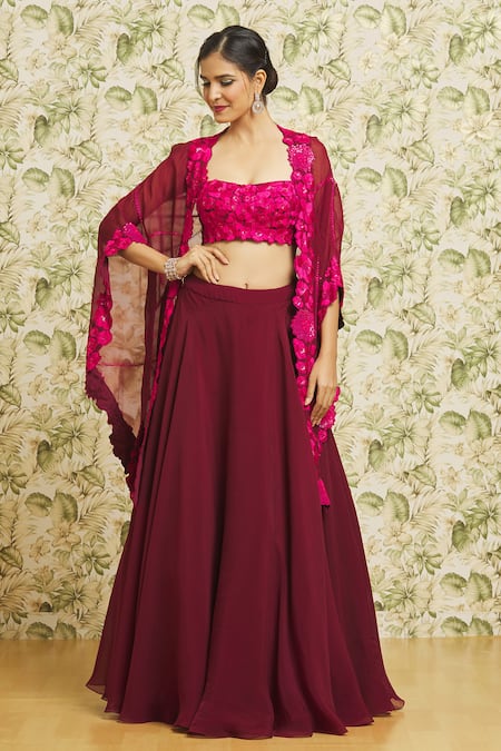 Mishru Placket Embroidered Cape Skirt Set 