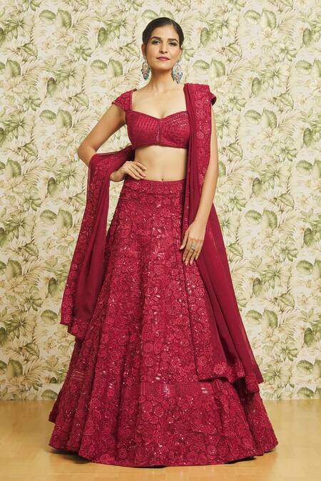 Shop_Mishru_Red Chanderi, Organza Sequins, Beads, 3d Flower Dense Bridal Lehenga Set_Online_at_Aza_Fashions