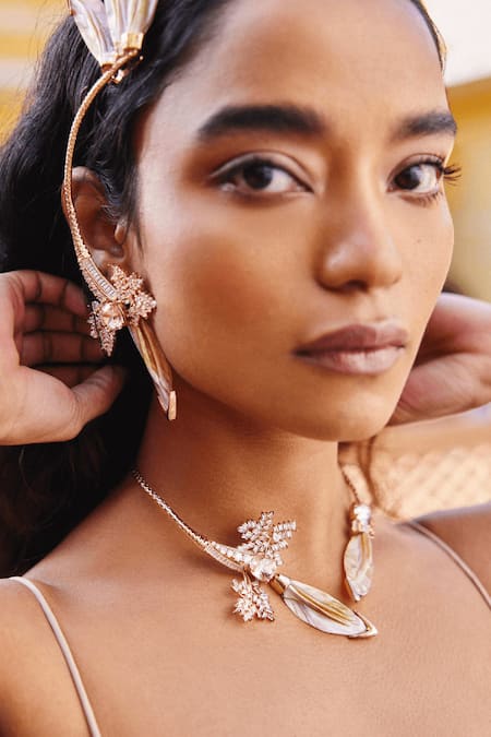 Shop Outhouse Pink Le Palm Serefina Open Choker Necklace at Aza Fashions Shop_Outhouse_Pink Le Palm Serefina Open Choker Necklace _at_Aza_Fashions