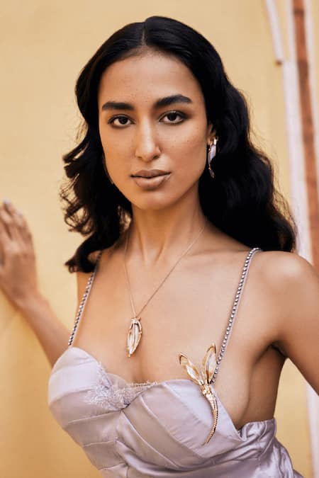 Shop Outhouse Pink Le Palm Serefina Pendant Necklace at Aza Fashions Shop_Outhouse_Pink Le Palm Serefina Pendant Necklace _at_Aza_Fashions