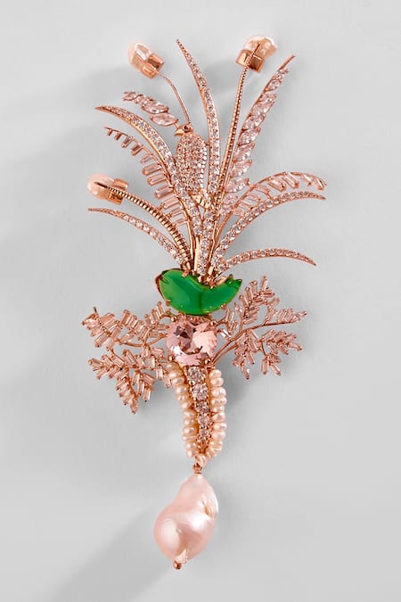 Shop Outhouse Gold Plated Crystals, Pearls Le Sunset Palm Brooch at Aza Fashions Shop_Outhouse_Gold Plated Crystals, Pearls Le Sunset Palm Brooch _at_Aza_Fashions