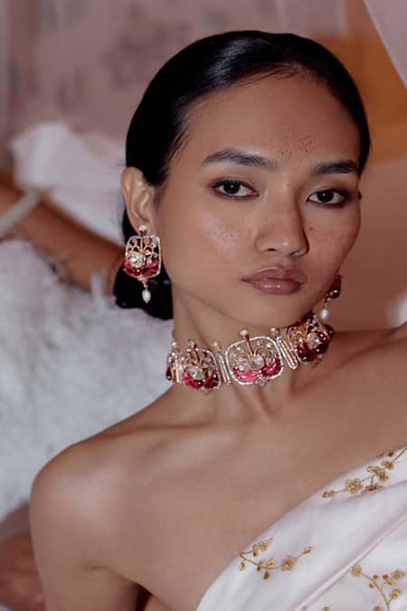 Shop Outhouse Pink Le Praia Embellished Choker Necklace at Aza Fashions Shop_Outhouse_Pink Le Praia Embellished Choker Necklace _at_Aza_Fashions