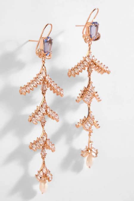 Shop Outhouse Gold Plated Crystals, Stones, Pearls Le Sunset Palm Free Fall Earrings at Aza Fashions Shop_Outhouse_Gold Plated Crystals, Stones, Pearls Le Sunset Palm Free Fall Earrings _at_Aza_Fashions