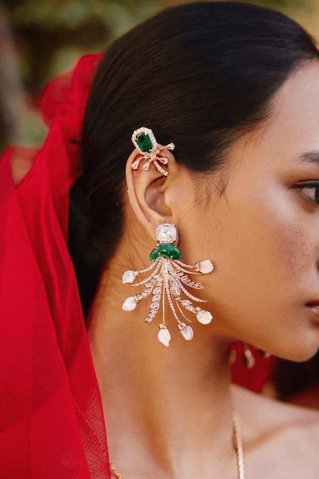 Shop Outhouse Gold Plated Crystals, Diamonds, Pearls Le Palm Stone Embellished Earrings at Aza Fashions Shop_Outhouse_Gold Plated Crystals, Diamonds, Pearls Le Palm Stone Embellished Earrings _at_Aza_Fashions