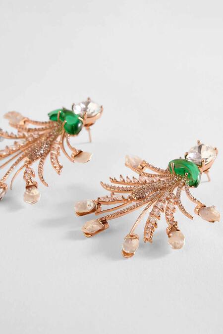 Outhouse Gold Plated Crystals, Diamonds, Pearls Le Palm Stone Embellished Earrings Online at Aza Fashions Outhouse_Gold Plated Crystals, Diamonds, Pearls Le Palm Stone Embellished Earrings _Online_at_Aza_Fashions