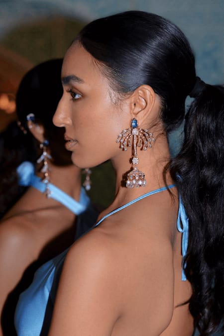 Shop Outhouse Gold Plated Crystals, Stones, Pearls The Faena Jhumka Earrings at Aza Fashions Shop_Outhouse_Gold Plated Crystals, Stones, Pearls The Faena Jhumka Earrings _at_Aza_Fashions