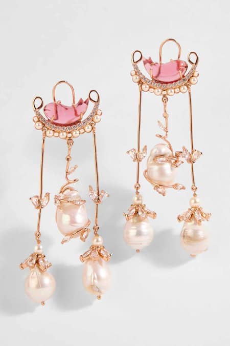Shop Outhouse Gold Plated Crystals, Pearls Le Cleo Dewdrop Embellished Chandelier Earrings at Aza Fashions Shop_Outhouse_Gold Plated Crystals, Pearls Le Cleo Dewdrop Embellished Chandelier Earrings _at_Aza_Fashions