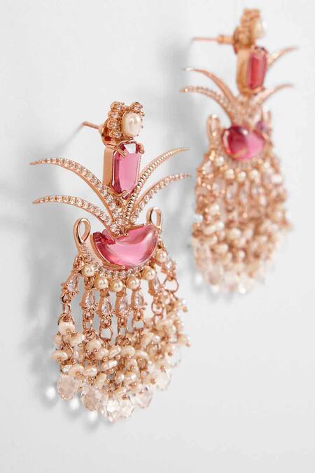 Shop Outhouse Gold Plated Crystals, Pearls Le Palm Embellished Fish Earrings at Aza Fashions Shop_Outhouse_Gold Plated Crystals, Pearls Le Palm Embellished Fish Earrings _at_Aza_Fashions