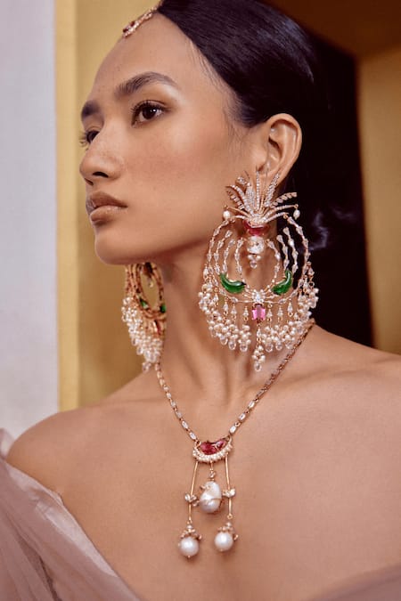 Shop_Outhouse_Gold Plated Carved Stones Palm Le Grande Earrings _at_Aza_Fashions