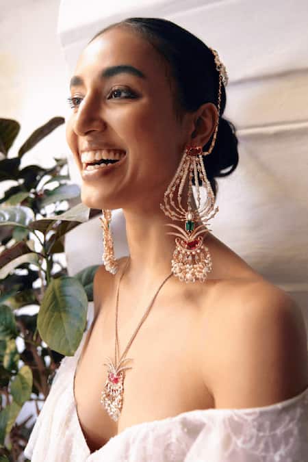 Shop Outhouse Gold Plated Crystals, Pearls Palm Le Grande Sahara Earrings at Aza Fashions Shop_Outhouse_Gold Plated Crystals, Pearls Palm Le Grande Sahara Earrings _at_Aza_Fashions