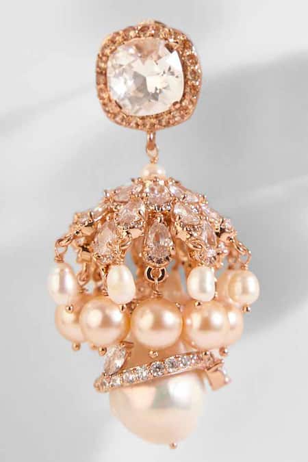 Shop Outhouse Gold Plated Crystals, Pearls The Paloma Jhumkas at Aza Fashions Shop_Outhouse_Gold Plated Crystals, Pearls The Paloma Jhumkas _at_Aza_Fashions