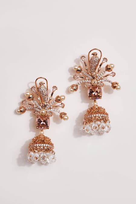 Outhouse Gold Plated Natural Pearls And Cubic Zircon The Majesty Jhumka Earrings