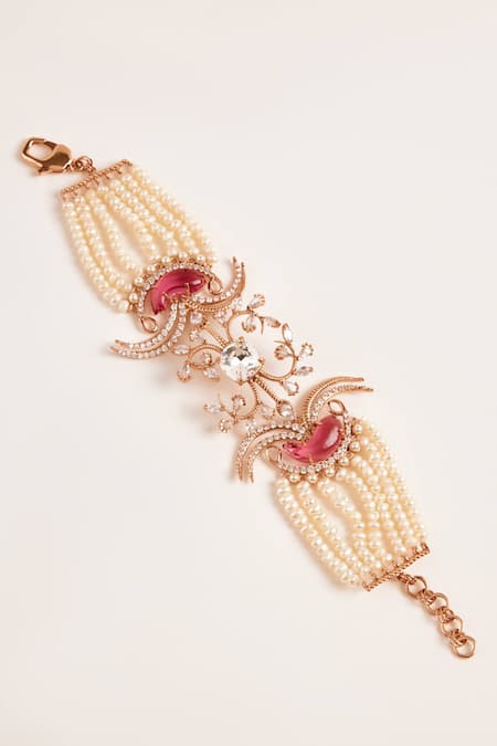 Outhouse Pink Crystal And Cubic Zircons Embellished Le Palm Double Fish Bracelet