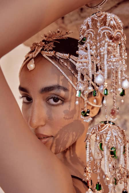 Shop Outhouse Pink Crystals, Pearls Le Palmier Embellished Kaleera at Aza Fashions Shop_Outhouse_Pink Crystals, Pearls Le Palmier Embellished Kaleera _at_Aza_Fashions