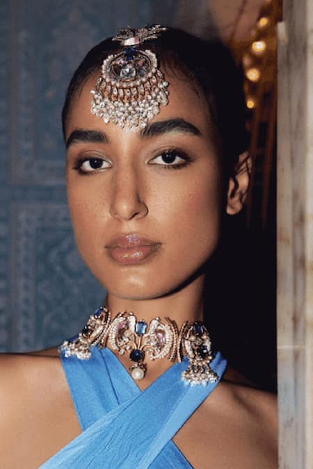 Shop Outhouse Pink Le Palmetto Embellished Maangtikka at Aza Fashions Shop_Outhouse_Pink Le Palmetto Embellished Maangtikka _at_Aza_Fashions