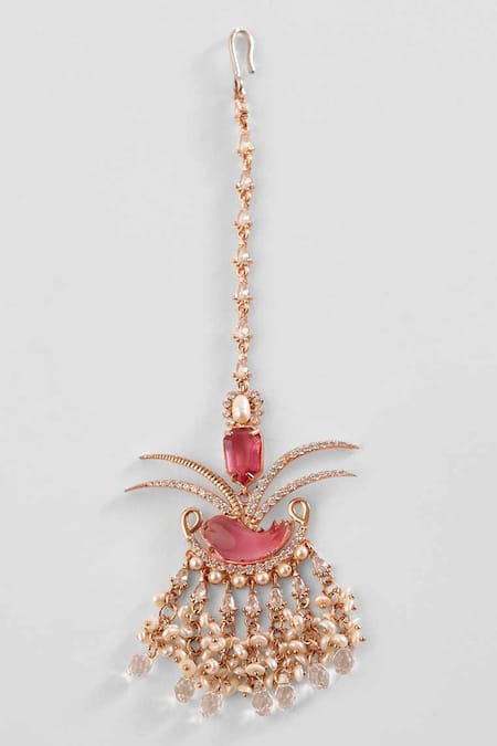 Outhouse Pink Natural Pearls Le Palm Fish Embellished Maangtikka 