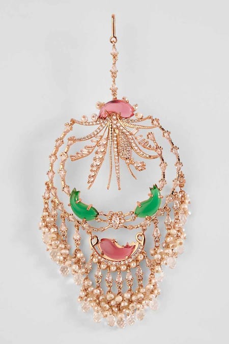 Outhouse Pink Natural Pearls Palm Le Grande Embellished Maangtikka 