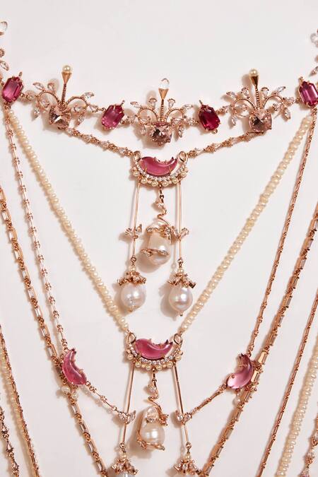 Outhouse_Pink Le Cleo Dewdrop Multi Layered Necklace _Online_at_Aza_Fashions
