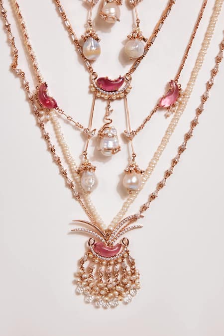 Buy_Outhouse_Pink Le Cleo Dewdrop Multi Layered Necklace _Online_at_Aza_Fashions