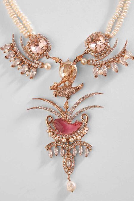 Outhouse Pink Le Sunset Palm Pendant Necklace Online at Aza Fashions Outhouse_Pink Le Sunset Palm Pendant Necklace _Online_at_Aza_Fashions