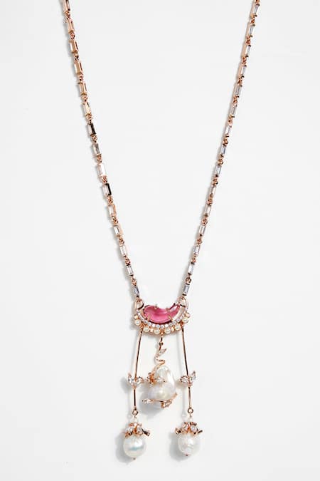 Shop_Outhouse_Pink Carved Stones Le Cleo Dewdrop Embellished Pendant Necklace _at_Aza_Fashions