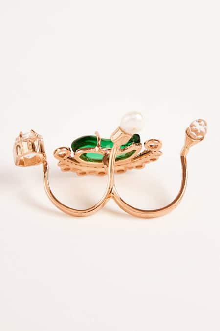 Shop Outhouse Gold Plated Cut Work, Crystals, Pearls Le Cleo Double Stone Embellished Ring at Aza Fashions Shop_Outhouse_Gold Plated Cut Work, Crystals, Pearls Le Cleo Double Stone Embellished Ring _at_Aza_Fashions