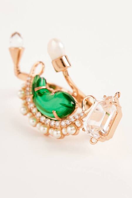 Outhouse Gold Plated Cut Work, Crystals, Pearls Le Cleo Double Stone Embellished Ring Online at Aza Fashions Outhouse_Gold Plated Cut Work, Crystals, Pearls Le Cleo Double Stone Embellished Ring _Online_at_Aza_Fashions