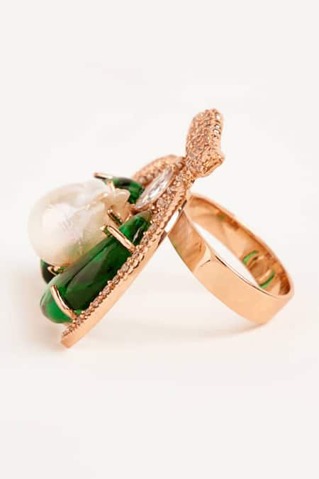 Shop_Outhouse_Gold Plated Cut Work, Crystals, Pearls Le Palmier Bird Shaped Ring _at_Aza_Fashions