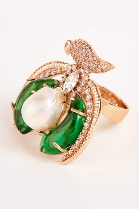 Outhouse_Gold Plated Cut Work, Crystals, Pearls Le Palmier Bird Shaped Ring _Online_at_Aza_Fashions