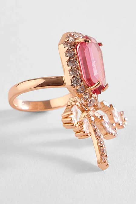 Shop Outhouse Pink Cut Work, Crystals, The Faena Mini Royal Palm Embellished Cocktail Ring at Aza Fashions Shop_Outhouse_Pink Cut Work, Crystals, The Faena Mini Royal Palm Embellished Cocktail Ring _at_Aza_Fashions