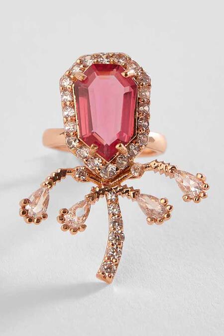 Outhouse Pink Cut Work, Crystals, The Faena Mini Royal Palm Embellished Cocktail Ring Online at Aza Fashions Outhouse_Pink Cut Work, Crystals, The Faena Mini Royal Palm Embellished Cocktail Ring _Online_at_Aza_Fashions