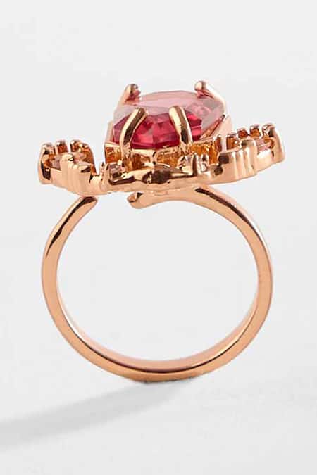 Shop Outhouse Pink Cut Work, Pearls The Faena Gemstone Embellished Ring at Aza Fashions Shop_Outhouse_Pink Cut Work, Pearls The Faena Gemstone Embellished Ring _at_Aza_Fashions