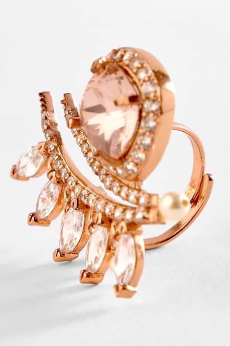 Shop Outhouse Pink Cut Work, Crystals, Pearls The Seine Carved Stone Ring at Aza Fashions Shop_Outhouse_Pink Cut Work, Crystals, Pearls The Seine Carved Stone Ring _at_Aza_Fashions