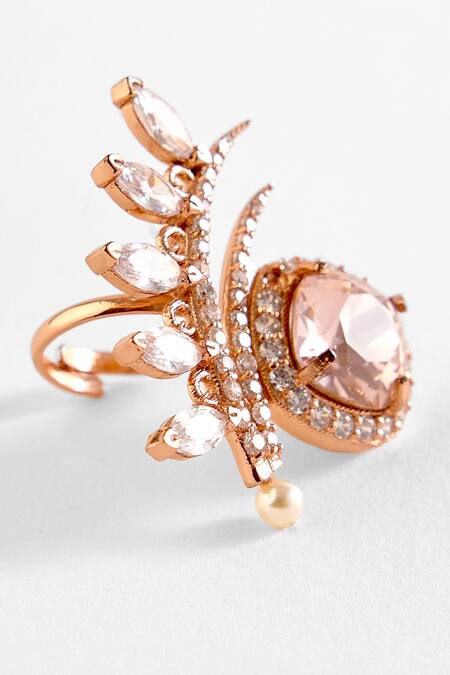 Outhouse Pink Cut Work, Crystals, Pearls The Seine Carved Stone Ring Online at Aza Fashions Outhouse_Pink Cut Work, Crystals, Pearls The Seine Carved Stone Ring _Online_at_Aza_Fashions
