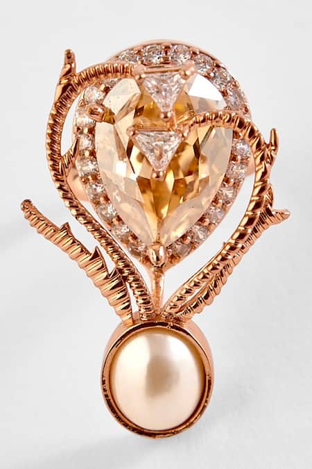 Outhouse_Pink Crystals, Cut Work, Pearls The Paloma Embellished Ring_Online_at_Aza_Fashions